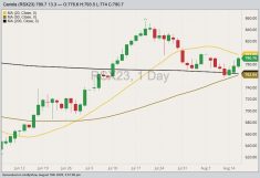 ICE November 2023 canola with 20-, 50- and 200-day moving averages. (Barchart)
