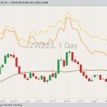 CBOT December 2023 soft red winter wheat with 20-day moving average, MGEX December 2023 hard red spring wheat (yellow line) and K.C. December 2023 hard red winter wheat (orange line). (Barchart)
