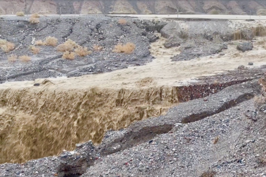 Floodwaters flow into Gower Gulch near Zabriskie Point, about 190 km west of Las Vegas, in California’s Death Valley National Park on Aug. 20, 2023. The U.S. National Park Service closed the park effective that afternoon due to moderate to heavy rainfall and flash flooding from Tropical Storm Hilary. (Death Valley National Park/National Park Service video screengrab via Facebook)
