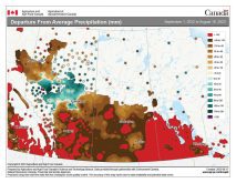 This map shows the departure from average precipitation for this agricultural year (starting back in September of 2022). If found the map to be striking with only the Peace River regions seeing above average precipitation during the last year. What is particularly interesting is the driest regions are found on each side of the wettest region.