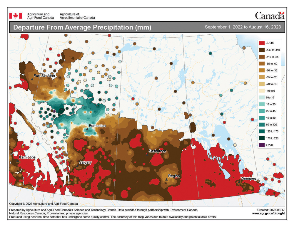 This map shows the departure from average precipitation for this agricultural year (starting back in September of 2022). If found the map to be striking with only the Peace River regions seeing above average precipitation during the last year. What is particularly interesting is the driest regions are found on each side of the wettest region.