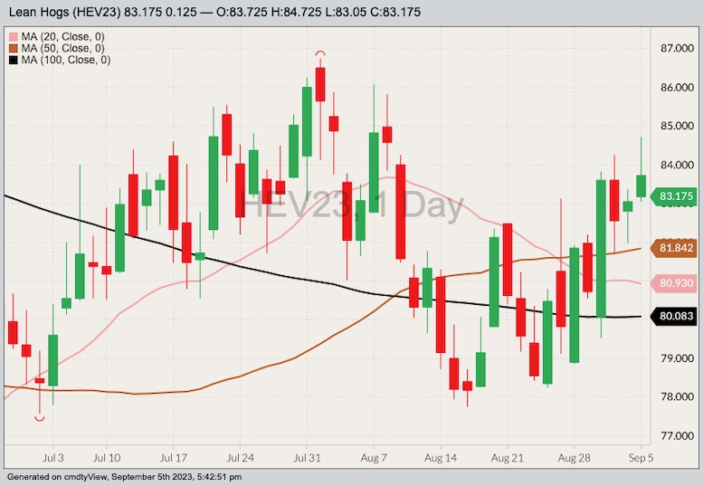 CME October 2023 lean hogs with 20-, 50- and 100-day moving averages. (Barchart)
