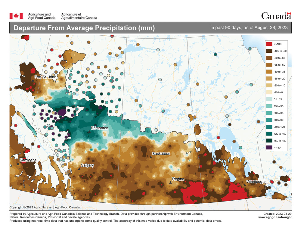 This map shows the departure from average precipitation across the Prairies over the last 90 days. The largest departures were seen over a large portion of southern Manitoba and parts of southern Saskatchewan.
