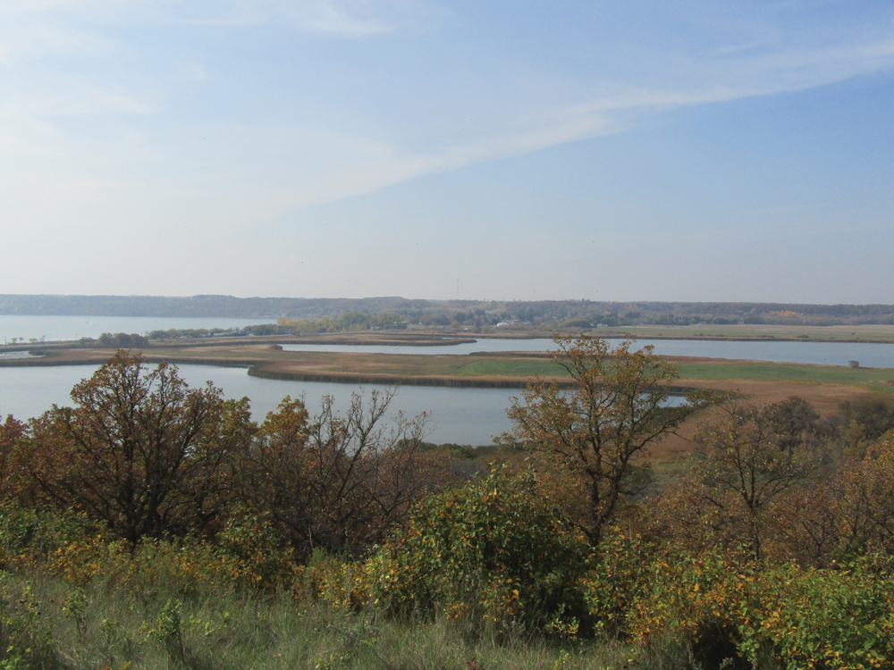 The shores of Pelican Lake spread out under the Ninette viewpoint.