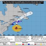 The U.S. National Hurricane Center’s forecast cone for the storm centre of Hurricane Lee, issued at 2 p.m. AT on Sept. 15, 2023. (NHC/USA Today Network via Reuters)
