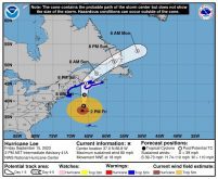 The U.S. National Hurricane Center&#8217;s forecast cone for the storm centre of Hurricane Lee, issued at 2 p.m. AT on Sept. 15, 2023. (NHC/USA Today Network via Reuters)
