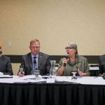 Provincial election candidates speak at a forum hosted by the Manitoba Farm Writers and Broadcasters Association (L-R: Diljeet Brar (NDP), Derek Johnson (PC), Janine Gibson (Green), Neil Stewart (Liberal).