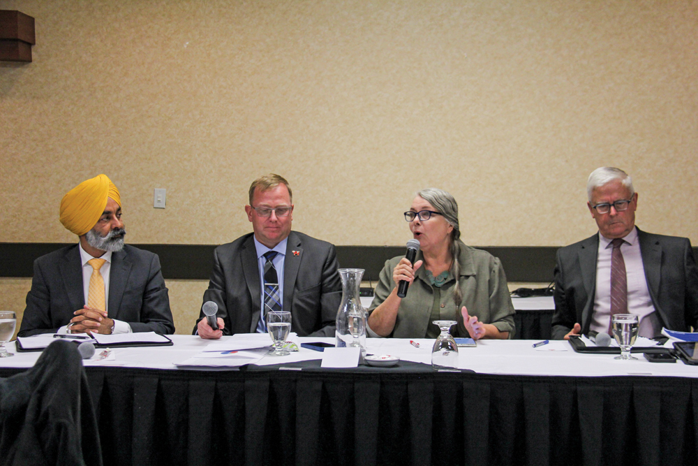 Provincial election candidates speak at a forum hosted by the Manitoba Farm Writers and Broadcasters Association (L-R: Diljeet Brar (NDP), Derek Johnson (PC), Janine Gibson (Green), Neil Stewart (Liberal).