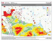 This weather map shows the amount of precipitation across the Prairies over the 30-day period ending Sept. 13, as a percent of the average expected over this period. It was a very dry period across most of southern Manitoba and only a few western regions along the Saskatchewan border had near average amounts.