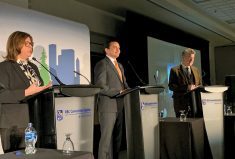 Provincial party leaders go head-to-head during a pre-election debate hosted by the Association of Manitoba Municipalities in April.