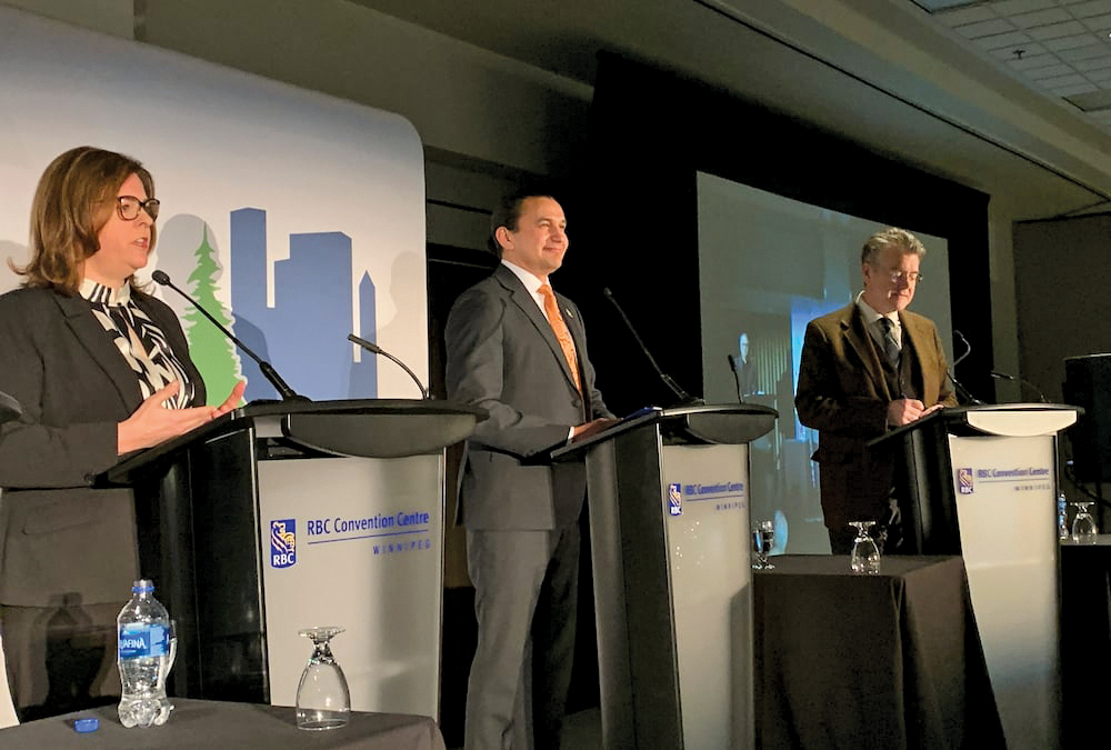 Provincial party leaders go head-to-head during a pre-election debate hosted by the Association of Manitoba Municipalities in April.