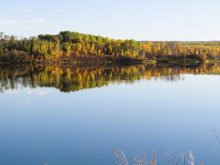 Coloured leaves are reflected in the Vermillion Reservoir.