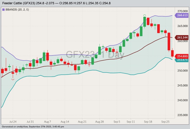CME November 2023 feeder cattle with Bollinger bands (20,2). (Barchart)