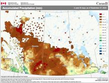 This map shows the total precipitation that fell across the Prairies over the 30-day period ending Sept. 27. A large portion of the agricultural Prairies saw less than 30 mm, which is below average. Only far southwestern Alberta and extreme southern Manitoba and southeastern Saskatchewan saw rainfall amounts over 40 mm, near average for this period.