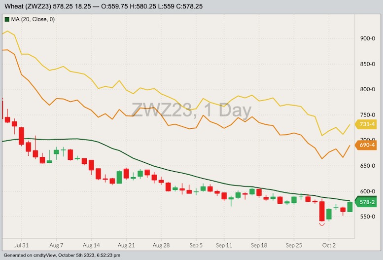 CBOT December 2023 soft red winter wheat with 20-day moving average, MGEX December 2023 hard red spring wheat (yellow line) and K.C. December 2023 hard red winter wheat (orange line). (Barchart)
