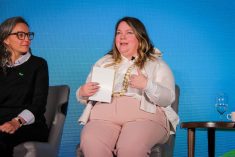 Brenna Mahoney, general manager of Keystone Agriculture Producers, speaks during a panel discussion at the Agriculture Enlightened conference in Winnipeg on Oct. 26. (Geralyn Wichers photo)
