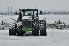 Snow covers equipment in the western Pembina Valley after the first major snowfall in late October.