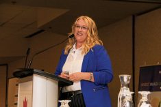 Myrna Grahn is executive director of Protein MB and is seen here speaking at the Manitoba Sustainable Protein Research Symposium in June.