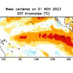 Sea surface temperature (SST) anomalies for the week centred on Nov. 1, 2023, in degrees Celsius. (CPC.ncep.noaa.gov)
