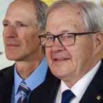 Canadian Agriculture and Agrifood Minister, Lawrence McCauley (right) and CCC vice president, crop production and innovation, Curtis Rempel at the funding announcement at the Bruce D. Campbell Farm and Food Discovery Centre at Glenlea, Man.
 Photo: Don Norman
