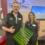 Marcel Kringe, founder and CEO and Courtney Baxter, global marketing manager, with Bushel Plus show one of the combine concaves they are marketing at Agritechnica.  Photo: John Greig
