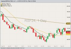 ICE January 2024 canola with 20- and 200-day moving averages and nine-day exponential moving average. (Barchart)
