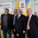 Left to right: Mario Tenuta (University of Manitoba), Curtis Rempel (Canola Council of Canada), Lawrence MacAulay, federal agriculture minister, University of Manitoba dean Martin Scanlon. The men spoke during a funding announcement at the Bruce D. Campbell Farm and Food Discovery Centre at Glenlea, Man.
