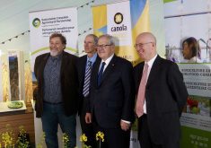 Left to right: Mario Tenuta (University of Manitoba), Curtis Rempel (Canola Council of Canada), Lawrence MacAulay, federal agriculture minister, University of Manitoba dean Martin Scanlon. The men spoke during a funding announcement at the Bruce D. Campbell Farm and Food Discovery Centre at Glenlea, Man.