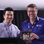 Darren Wolchyn (at right), founder and CEO of Smart Paddock, receives the Innovation Award from Kevin Chung, director of innovation investments and programs at Innovation Saskatchewan, at the Canadian Animal Ag Tech Awards. (Lisa Guenther photo)