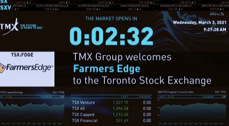 Farmers Edge’ made its initial public offering in March of 2021. The event included a congratulatory note from TMX Group, owner of the TSX. (Farmers Edge video screengrab)
