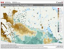 This map shows the 30-day departure from average precipitation across the Prairies for the period ending Nov. 15. Southern Alberta, much of Saskatchewan and northern and eastern parts of agricultural Manitoba had above-average amounts. The dry spots are over northwestern Alberta and southwestern Manitoba.