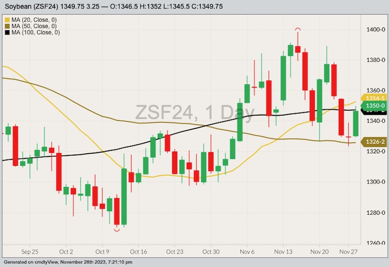 CBOT January 2024 soybeans with 20-, 50- and 100-day moving averages. (Barchart)
