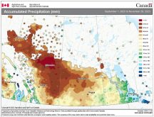 This map shows the total accumulated precipitation across the Prairies this fall (September to November). It is very dry across most of Alberta and much of Saskatchewan with only eastern Manitoba seeing significant totals.
