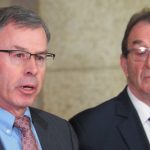 Azure Sustainable Fuels Corp. president and CEO Douglas Cole speaks at a news conference at the Manitoba Legislature on Dec. 19 as Manitoba agriculture minister Ron Kostyshyn looks on. Photo: Don Norman.
