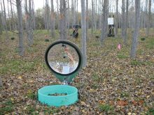 Scientific equipment in a hybrid poplar plantation in northern Alberta allows researchers to measure greenhouse gas emission rates along with soil and plant conditions without undue disruption.