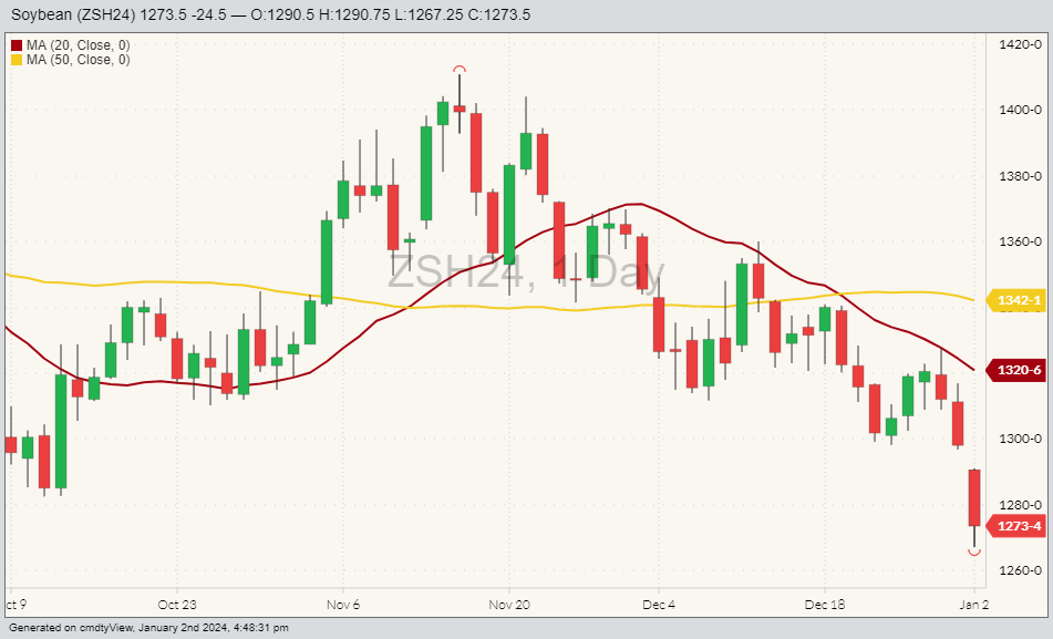 Soybean futures ZSH24 as of Jan. 2, with 20 and 50-day moving averages. (Barchart)
