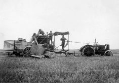 W.G. Dickson’s combine setup, pictured with his sons, Murray and Archie, in 1943.