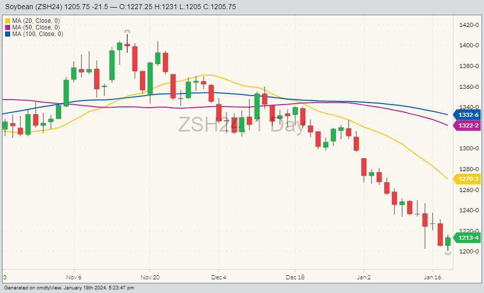 CBOT soybeans ZSH24 on Jan. 18 with 20, 50 and 100-day moving averages. (Barchart)

