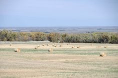 Sparse farmyards dot the landscape looking down from the eastern edge of Riding Mountain National Park.