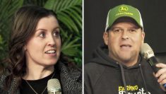 Amy Smith (left) uses her Instagram handle, _that.farming.mama_, to highlight women’s experience in farming. Ontario farmer Andy Pasztor (right) speaks as part of a panel on social media use at Manitoba Ag Days 2024.