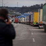 Trucks wait for crossing into Poland at the Rava-Ruska border checkpoint in Ukraine’s Lviv region on April 17, 2023. (Photo: Reuters/Roman Baluk)