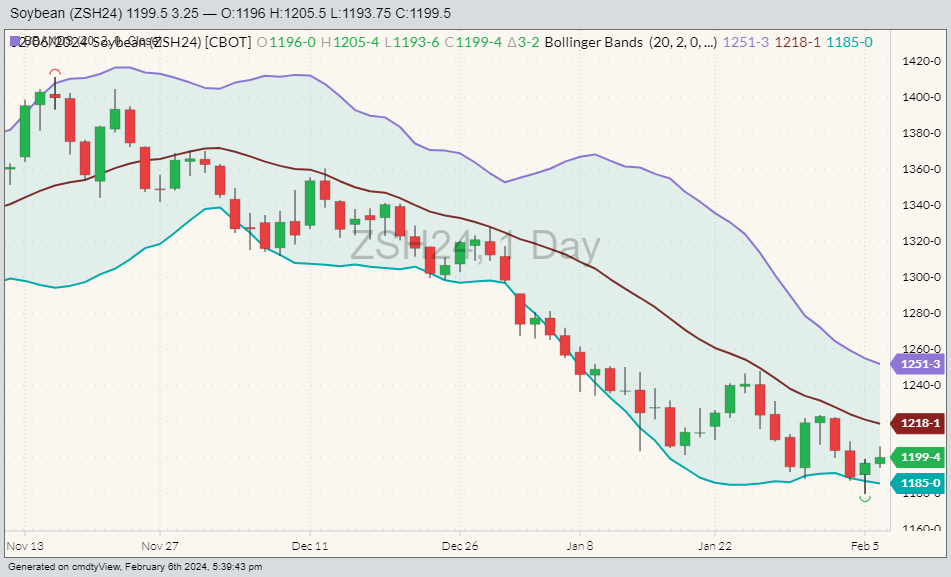 CBOT soybeans ZSH24 on Feb. 6 with Bollinger bands. (Barchart)
