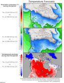 This issue’s graphic shows the expected mean daily temperature across Canada and the northern states over the next two weeks, along with the forecasted temperature anomaly for the first week. You can see that temperatures are forecast to be above average by at least 8 C over the next week, with a small cooldown over western regions during the following week.