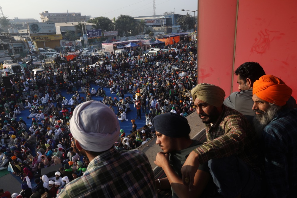 Scenes from a year-long protest in India (here, near, Delhi in December 2020) during which farmers decried new laws liberalizing agriculture markets. (Photo: Reuters/Anushree Fadnavis)
