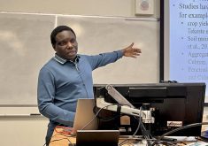Francis Zvomuya, a professor in the University of Manitoba’s soil science department, speaks about his research on pipeline right-of-ways during a lecture on Jan. 31, 2024.