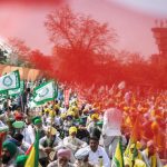 Farmers attend a Maha Panchayat or grand village council meeting as part of a farmers’ protest to press for the better crop prices promised to them in 2021, New Delhi, India, March 14, 2024. REUTERS/Adnan Abidi
