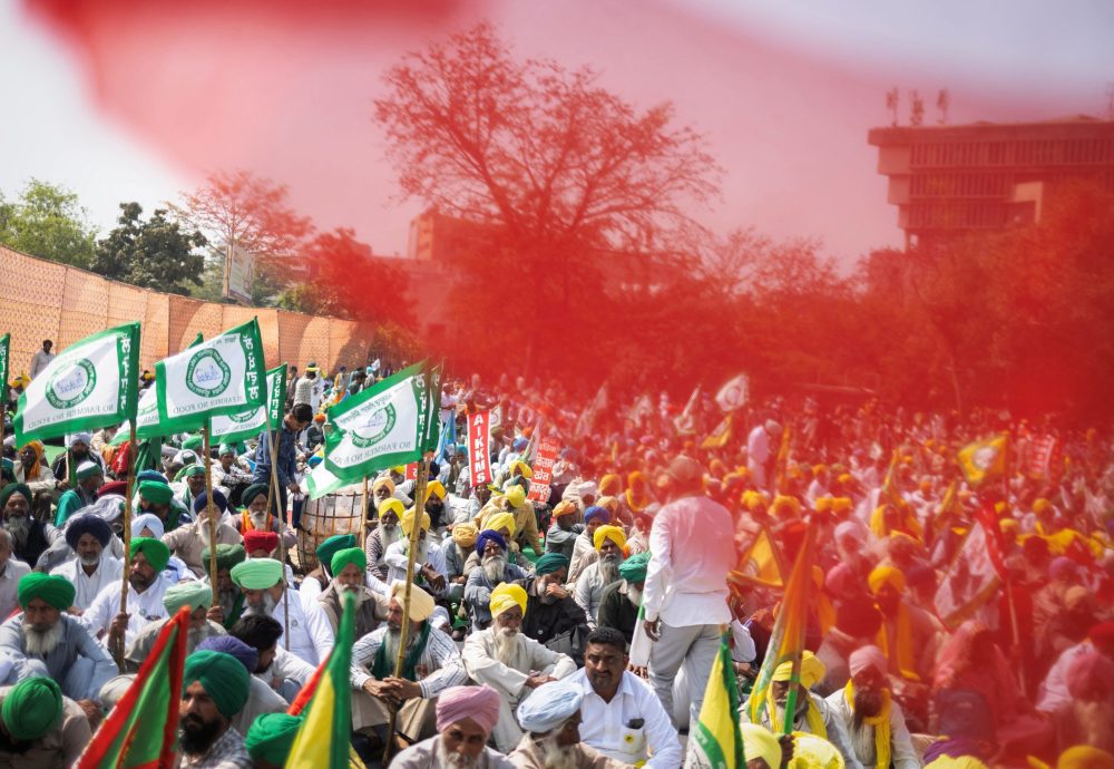 Farmers attend a Maha Panchayat or grand village council meeting as part of a farmers’ protest to press for the better crop prices promised to them in 2021, New Delhi, India, March 14, 2024. REUTERS/Adnan Abidi
