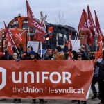 Unifor says it stopped a CN train at a crossing Winnipeg near where members were demonstrating in solidarity with striking workers in Halifax. Photo: Unifor
