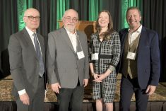 Left to right: Michael Nadler, CEO of Ducks Unlimited Canada; Dr. Gordon Goldsborough, Manitoba Historical Society; Hon. Tracy Schmidt, Minister of Environment and Climate Change; Roger D’Eschambault, President of Ducks Unlimited Canada.