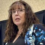 LeeAnn Peters of Maple Leaf Foods speaks at the 2024 Swine Seminar in Winnipeg.